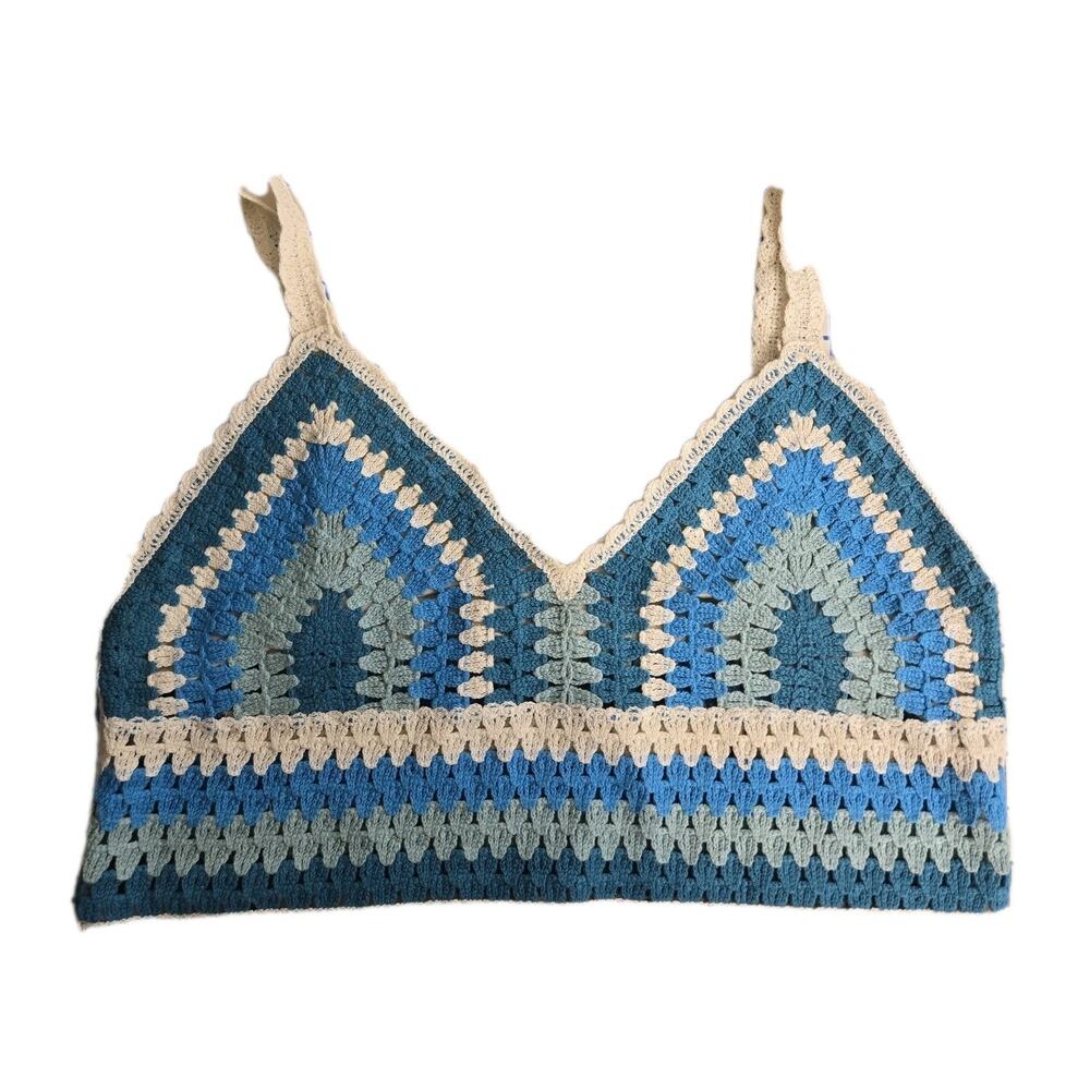 REBELLION Again Sz MED Blue & Aqua Crochet Cropped Top NWT BOHO HIPPIE FESTIVAL - Picture 3 of 6